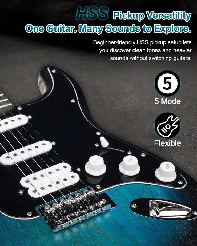 Alt view image 2 of 7 - UST-150 Beginner Electric Guitar, Lightweight ST Style Guitar with Matte Natural Finish, Easy to Play for New Players, Perfect for Home Practice, Learning and First Guitar Experience, Blue