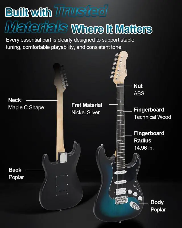 Alt view image 4 of 7 - UST-150 Beginner Electric Guitar, Lightweight ST Style Guitar with Matte Natural Finish, Easy to Play for New Players, Perfect for Home Practice, Learning and First Guitar Experience, Blue