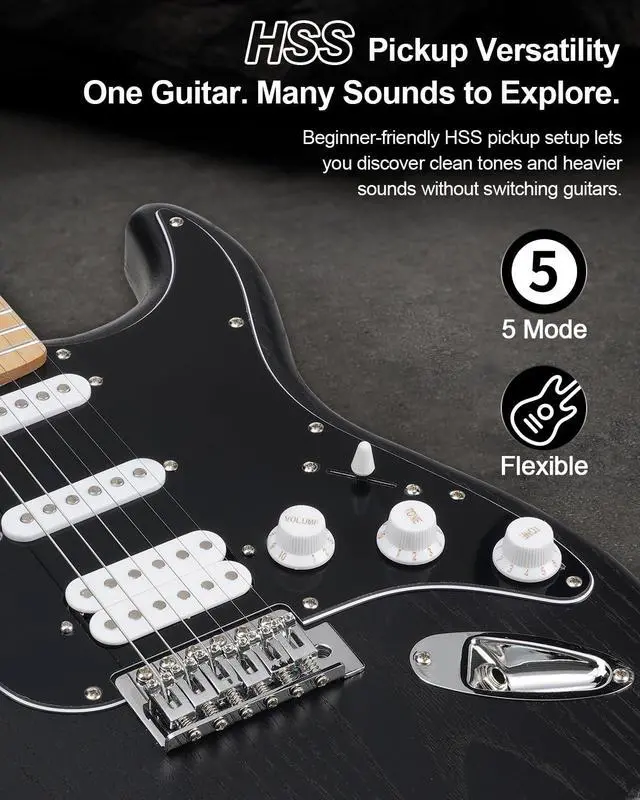 Alt view image 2 of 7 - UST-150 Beginner Electric Guitar, Lightweight ST Style Guitar with Matte Natural Finish, Easy to Play for New Players, Perfect for Home Practice, Learning and First Guitar Experience, Black