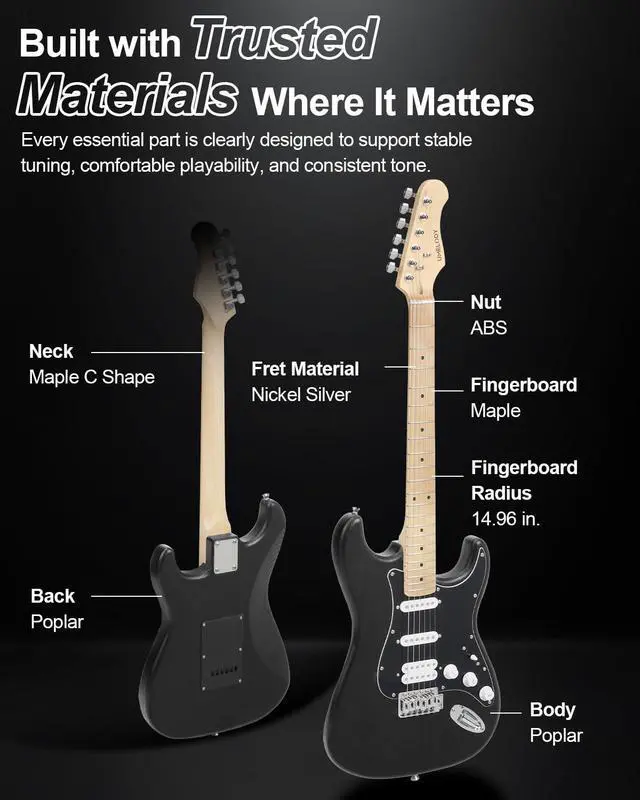 Alt view image 4 of 7 - UST-150 Beginner Electric Guitar, Lightweight ST Style Guitar with Matte Natural Finish, Easy to Play for New Players, Perfect for Home Practice, Learning and First Guitar Experience, Black