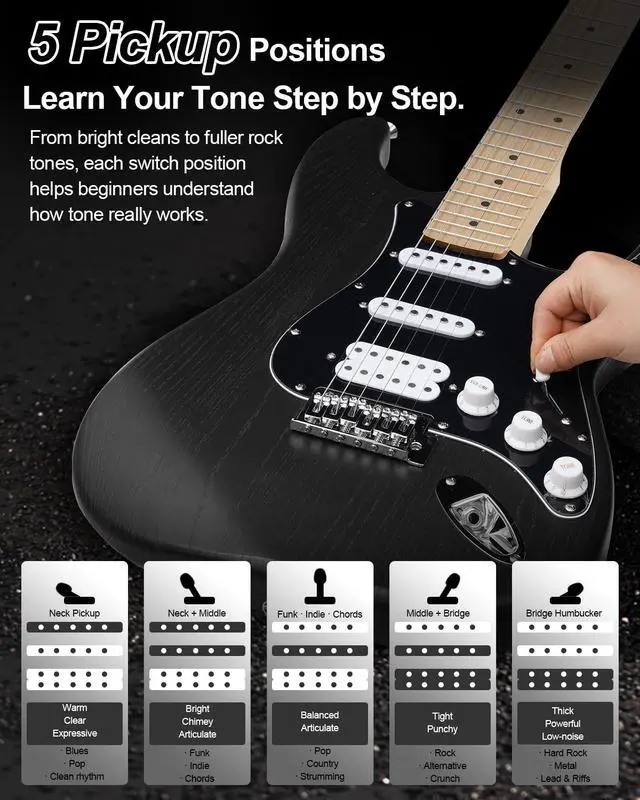 Alt view image 3 of 7 - UST-150 Beginner Electric Guitar, Lightweight ST Style Guitar with Matte Natural Finish, Easy to Play for New Players, Perfect for Home Practice, Learning and First Guitar Experience, Black