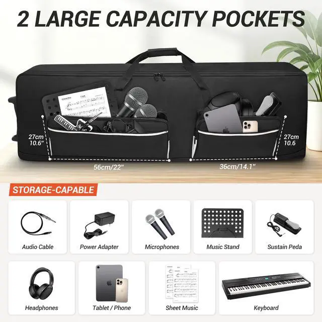 Alt view image 3 of 7 - 88Key Keyboard Case with Wheels & Adjustable Shoulder Straps Padded Rolling Gig Bag with 4 Accessory Pockets, for Digital Piano, Synthesizer & Keyboard, 57.1"x18.1"x6.9"