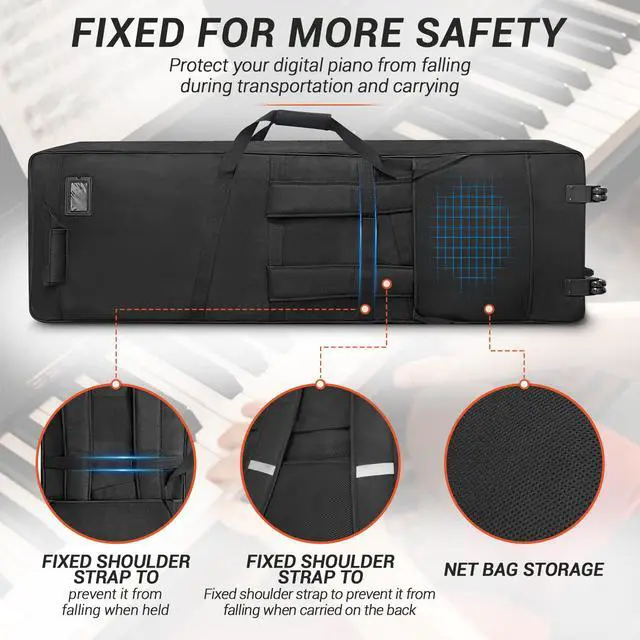 Alt view image 4 of 7 - 88Key Keyboard Case with Wheels & Adjustable Shoulder Straps Padded Rolling Gig Bag with 4 Accessory Pockets, for Digital Piano, Synthesizer & Keyboard, 57.1"x18.1"x6.9"