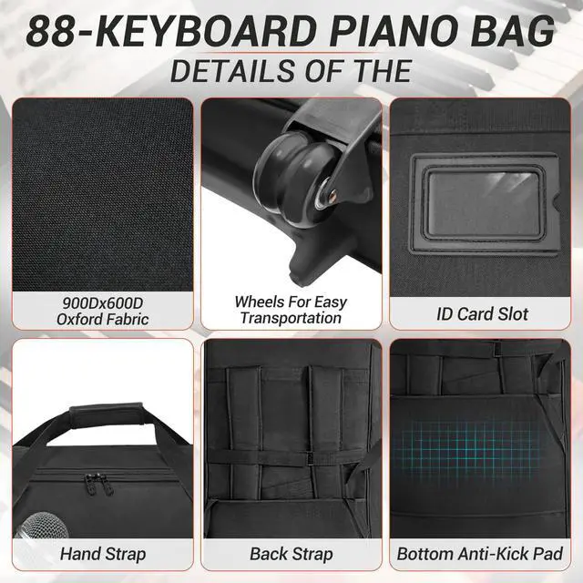 Alt view image 5 of 7 - 88Key Keyboard Case with Wheels & Adjustable Shoulder Straps Padded Rolling Gig Bag with 4 Accessory Pockets, for Digital Piano, Synthesizer & Keyboard, 57.1"x18.1"x6.9"