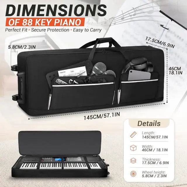 Alt view image 6 of 7 - 88Key Keyboard Case with Wheels & Adjustable Shoulder Straps Padded Rolling Gig Bag with 4 Accessory Pockets, for Digital Piano, Synthesizer & Keyboard, 57.1"x18.1"x6.9"