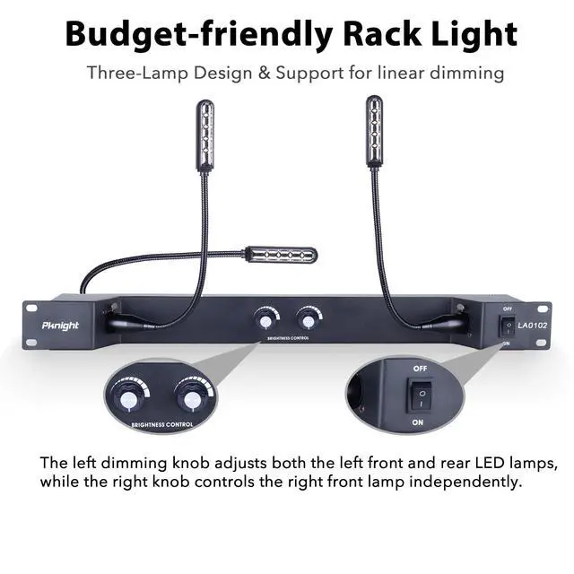Alt view image 2 of 7 - Rack Mount Gooseneck LED Light, 3 Dimmable Lamps, PowerCON Input, Brightness Control, Detachable XLR, Metal Housing LA0102