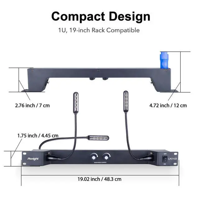 Alt view image 5 of 7 - Rack Mount Gooseneck LED Light, 3 Dimmable Lamps, PowerCON Input, Brightness Control, Detachable XLR, Metal Housing LA0102