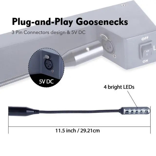 Alt view image 4 of 7 - Rack Mount Gooseneck LED Light, 3 Dimmable Lamps, PowerCON Input, Brightness Control, Detachable XLR, Metal Housing LA0102