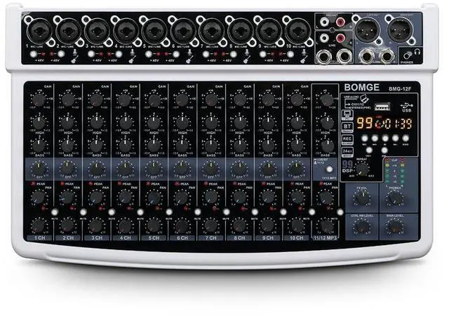 Main image of 12 Channel Professional Audio Mixer, Bluetooth Studio Mixer with USB, 48V Power, XLR/RCA Inputs, 99 DSP Effects For Professional and Beginners (12F-W)