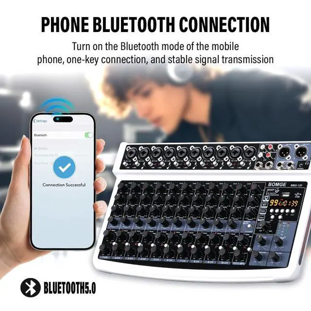 Alt view image 3 of 7 - 12 Channel Professional Audio Mixer, Bluetooth Studio Mixer with USB, 48V Power, XLR/RCA Inputs, 99 DSP Effects For Professional and Beginners (12F-W)