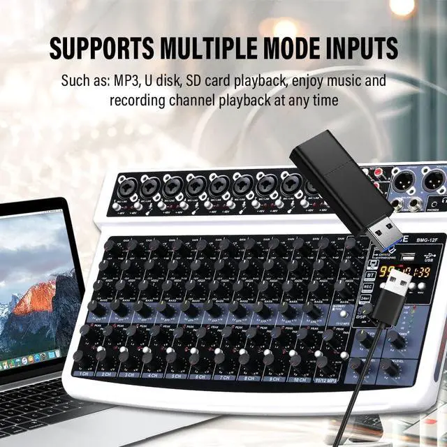 Alt view image 4 of 7 - 12 Channel Professional Audio Mixer, Bluetooth Studio Mixer with USB, 48V Power, XLR/RCA Inputs, 99 DSP Effects For Professional and Beginners (12F-W)
