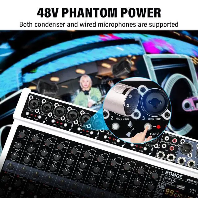 Alt view image 5 of 7 - 12 Channel Professional Audio Mixer, Bluetooth Studio Mixer with USB, 48V Power, XLR/RCA Inputs, 99 DSP Effects For Professional and Beginners (12F-W)