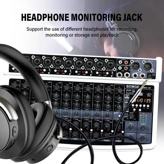 Alt view image 6 of 7 - 12 Channel Professional Audio Mixer, Bluetooth Studio Mixer with USB, 48V Power, XLR/RCA Inputs, 99 DSP Effects For Professional and Beginners (12F-W)