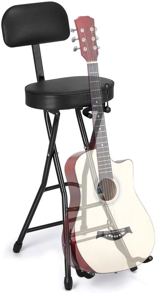 Main image of Guitar Stool with Thick Padded Cushion, Guitar Chair, Ergonomic Backrest Heavy Duty 300 Pound Capacity Portable Seat with Foot Rest, Folding Stand, Accommodates Acoustic Bass, Fretboard