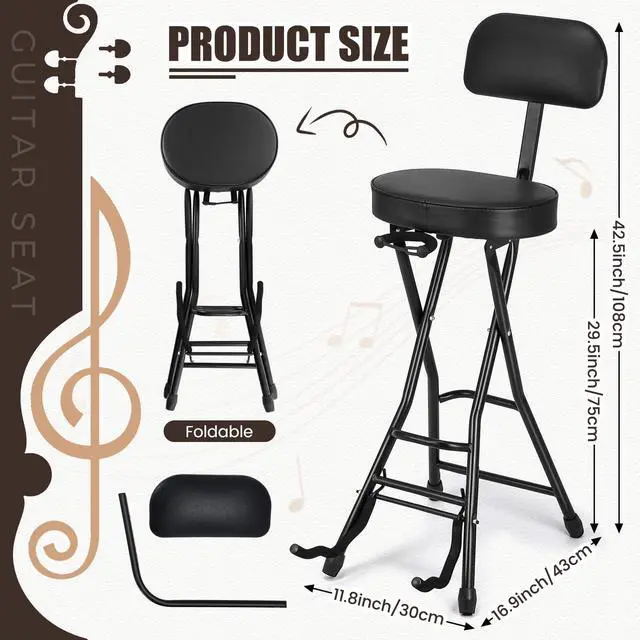 Alt view image 2 of 6 - Guitar Stool with Thick Padded Cushion, Guitar Chair, Ergonomic Backrest Heavy Duty 300 Pound Capacity Portable Seat with Foot Rest, Folding Stand, Accommodates Acoustic Bass, Fretboard