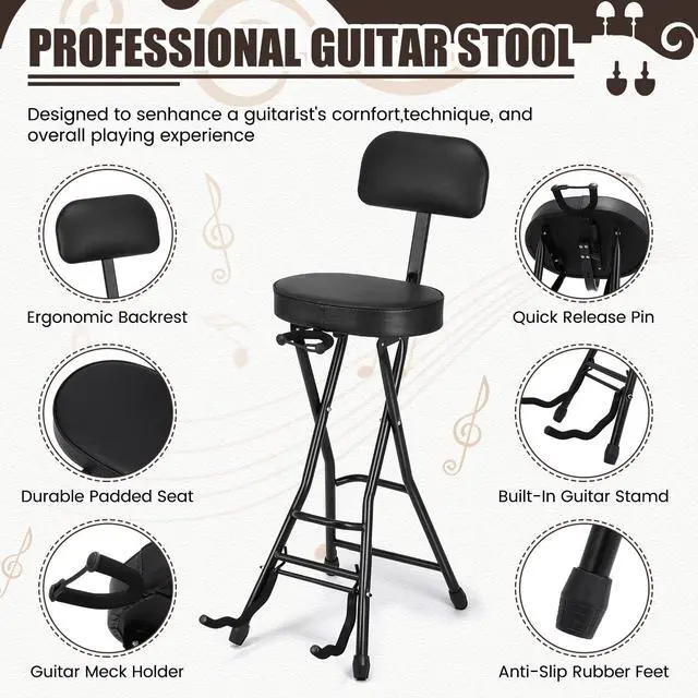 Alt view image 3 of 6 - Guitar Stool with Thick Padded Cushion, Guitar Chair, Ergonomic Backrest Heavy Duty 300 Pound Capacity Portable Seat with Foot Rest, Folding Stand, Accommodates Acoustic Bass, Fretboard