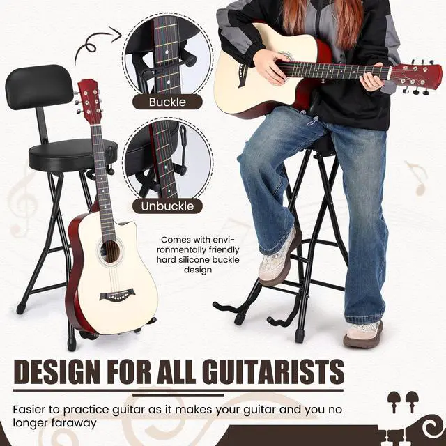 Alt view image 6 of 6 - Guitar Stool with Thick Padded Cushion, Guitar Chair, Ergonomic Backrest Heavy Duty 300 Pound Capacity Portable Seat with Foot Rest, Folding Stand, Accommodates Acoustic Bass, Fretboard