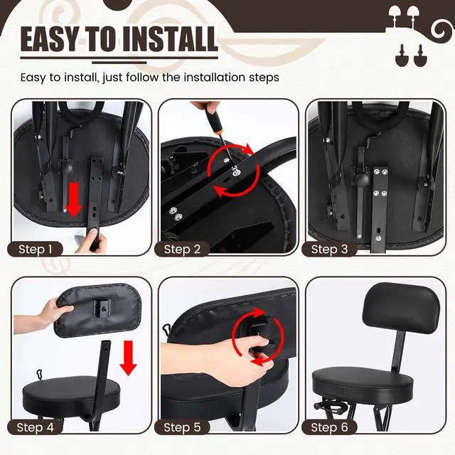 Alt view image 5 of 6 - Guitar Stool with Thick Padded Cushion, Guitar Chair, Ergonomic Backrest Heavy Duty 300 Pound Capacity Portable Seat with Foot Rest, Folding Stand, Accommodates Acoustic Bass, Fretboard