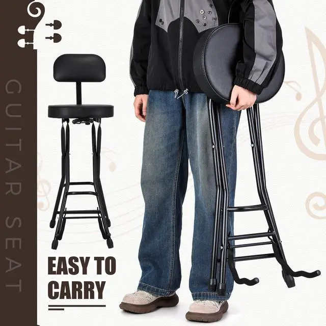 Alt view image 4 of 6 - Guitar Stool with Thick Padded Cushion, Guitar Chair, Ergonomic Backrest Heavy Duty 300 Pound Capacity Portable Seat with Foot Rest, Folding Stand, Accommodates Acoustic Bass, Fretboard