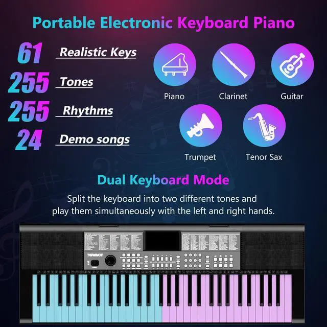 Alt view image 2 of 6 - Keyboard Piano 61 Keys Dual HiFi Speakers Digital Piano with 51 Panel Function Buttons LED Display Dual Keyboard 2 Power Options Electric Piano Support for Headset and Microphone
