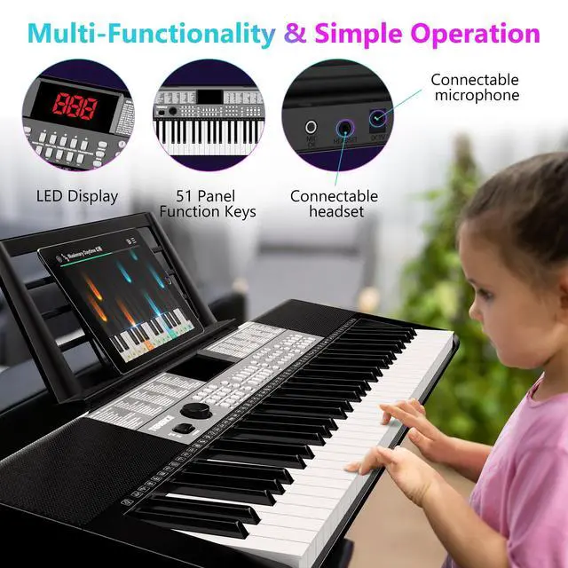 Alt view image 3 of 6 - Keyboard Piano 61 Keys Dual HiFi Speakers Digital Piano with 51 Panel Function Buttons LED Display Dual Keyboard 2 Power Options Electric Piano Support for Headset and Microphone