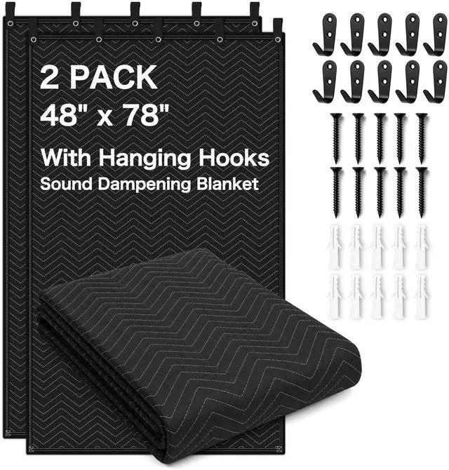 Main image of 2-Pack Sound Dampening Moving Blankets, 48 x 78 in, 5 Hooks Included | Sound Absorption,Easy Installation,Durable Design,Large Coverage,Multi-Purpose Use