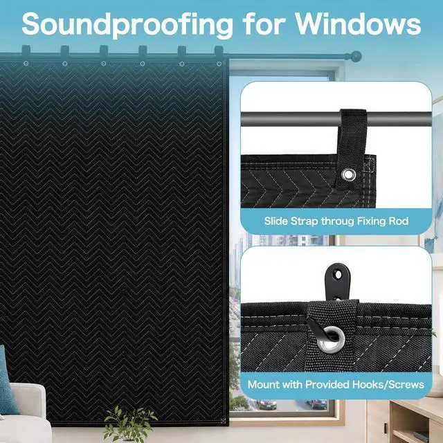 Alt view image 4 of 6 - 2-Pack Sound Dampening Moving Blankets, 48 x 78 in, 5 Hooks Included | Sound Absorption,Easy Installation,Durable Design,Large Coverage,Multi-Purpose Use