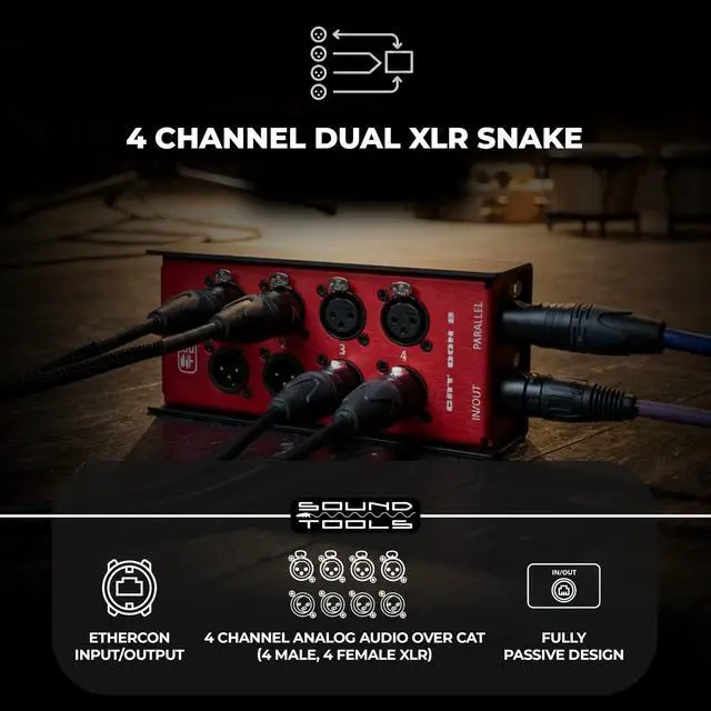 Alt view image 2 of 7 - CAT Box 8 Analog Audio Over CAT Stagebox 4 Male, 4 Female XLR | Passive Audio DMX AES3 COM Transport etherCON Daisy Chain Analog Audio Over Cat Cable with Phantom Power Support