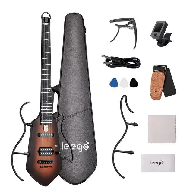 Alt view image 6 of 7 - Mini Travel Electric Guitar, Small Lightweight Headless Guitar for Practice, Portable Compact Solid Body Easy Assemble Stands with Gig Bag, Sunburst