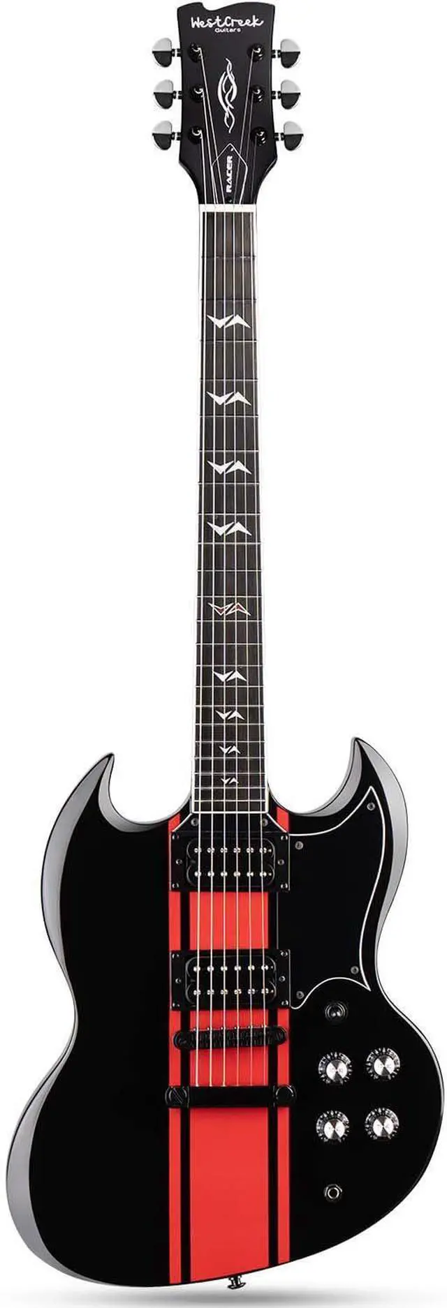 Main image of WestCreek RACER Solid Body Electric Guitar | Rounded End Frets, Bone nut, Rosewood Fingerboard, Mahogany Body (Black-Red Stripe)