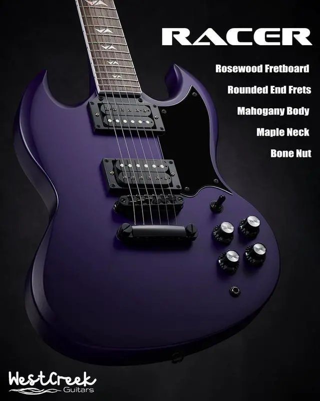 Alt view image 3 of 6 - WestCreek RACER Solid Body Electric Guitar | Double Cut guitar, Rounded End Frets, Bone nut, Rosewood Fingerboard, Mahogany Body (Matte Purple)