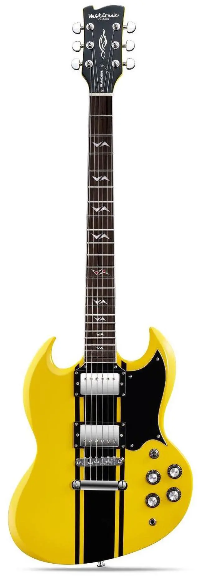 Main image of WestCreek RACER Solid Body Electric Guitar | Double Cut guitar, Rounded End Frets, Bone nut, Rosewood Fingerboard, Mahogany Body (Bumble-B)