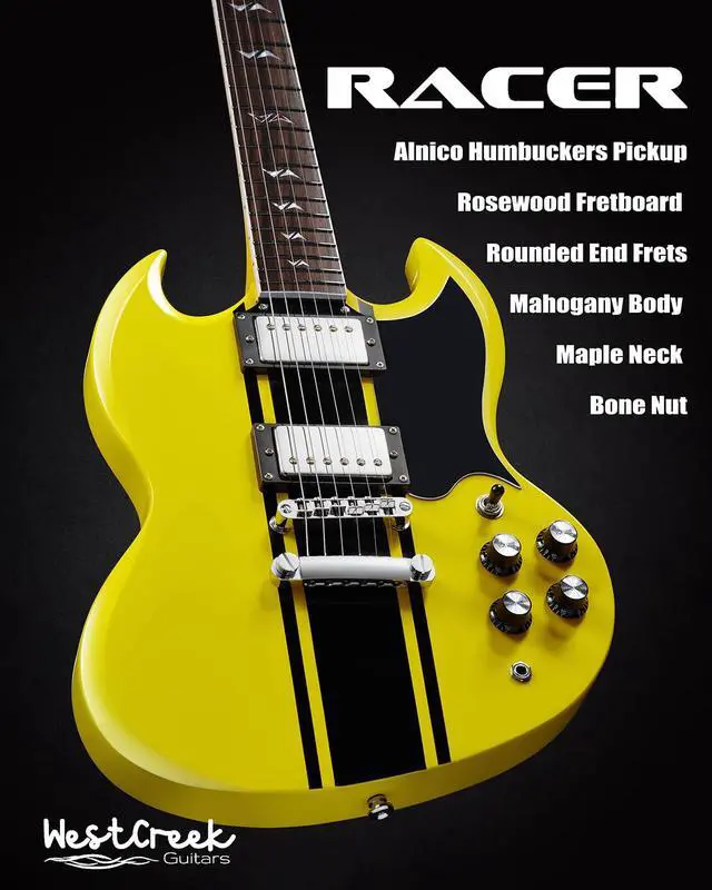 Alt view image 3 of 7 - WestCreek RACER Solid Body Electric Guitar | Double Cut guitar, Rounded End Frets, Bone nut, Rosewood Fingerboard, Mahogany Body (Bumble-B)