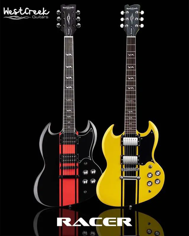 Alt view image 7 of 7 - WestCreek RACER Solid Body Electric Guitar | Rounded End Frets, Bone nut, Rosewood Fingerboard, Mahogany Body (Black-Red Stripe)