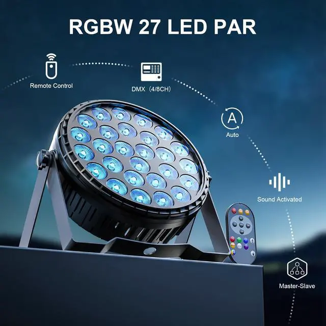 Alt view image 4 of 7 - LED Par Light RGBW 4in1 160W 27Leds Stage Lights Remote & DMX Controlled Sound Activated Auto Play 8/4 Channel Uplights for Events Wedding Halloween Birthday Party Dance Stage Lighting (4 Packs)