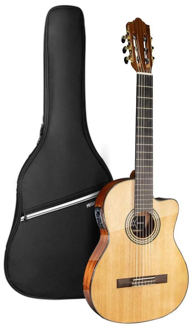 Main image of Thin Body Acoustic Electric Classical Nylon Guitar Beginner Adult | Spruce top, Sapele back and sides, thin body with 2-band EQ and tuner for amplified flamenco, includes padded gig bag