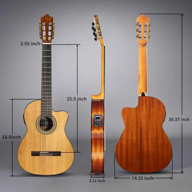 Alt view image 2 of 7 - Thin Body Acoustic Electric Classical Nylon Guitar Beginner Adult | Spruce top, Sapele back and sides, thin body with 2-band EQ and tuner for amplified flamenco, includes padded gig bag