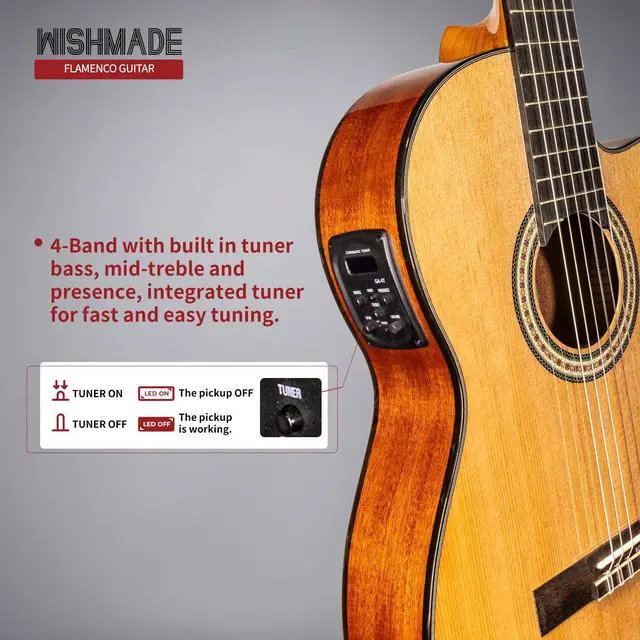 Alt view image 3 of 7 - Thin Body Acoustic Electric Classical Nylon Guitar Beginner Adult | Spruce top, Sapele back and sides, thin body with 2-band EQ and tuner for amplified flamenco, includes padded gig bag