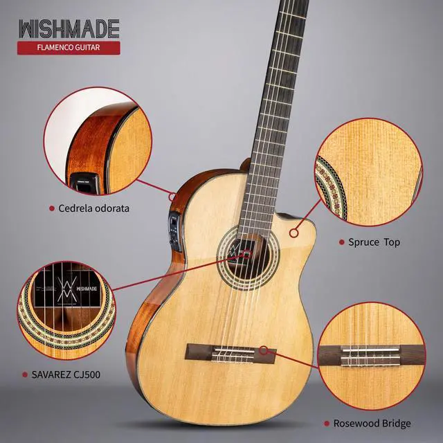 Alt view image 4 of 7 - Thin Body Acoustic Electric Classical Nylon Guitar Beginner Adult | Spruce top, Sapele back and sides, thin body with 2-band EQ and tuner for amplified flamenco, includes padded gig bag