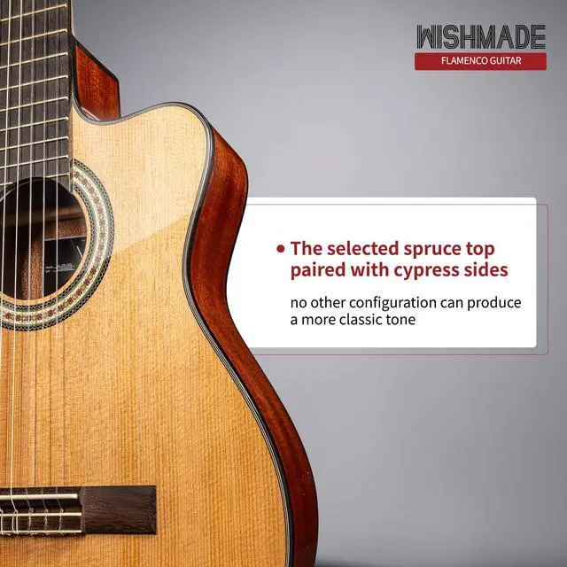 Alt view image 5 of 7 - Thin Body Acoustic Electric Classical Nylon Guitar Beginner Adult | Spruce top, Sapele back and sides, thin body with 2-band EQ and tuner for amplified flamenco, includes padded gig bag