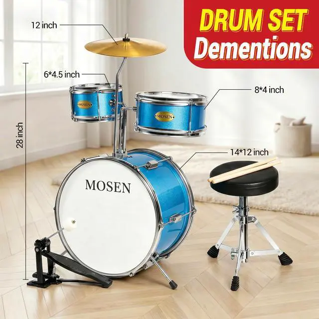 Alt view image 5 of 6 - MOSEN 3-Piece 14" Beginner Drum Set, with Throne, Cymbal, pedal & Sticks | Bass & Tom & Snare, Adjustable Stool, Sturdy, for Young Learners, Home Practice, Gift, Easy Assembly, Sky Blue