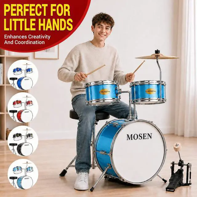 Alt view image 2 of 6 - MOSEN 3-Piece 14" Beginner Drum Set, with Throne, Cymbal, pedal & Sticks | Bass & Tom & Snare, Adjustable Stool, Sturdy, for Young Learners, Home Practice, Gift, Easy Assembly, Sky Blue