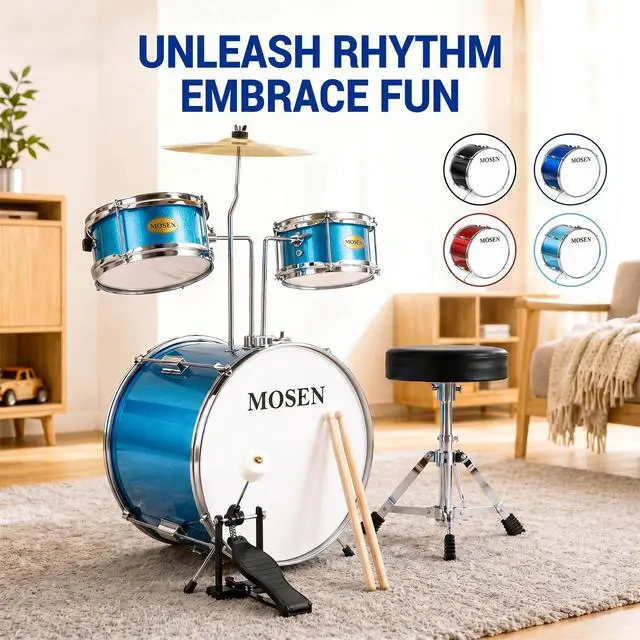 Alt view image 6 of 6 - MOSEN 3-Piece 14" Beginner Drum Set, with Throne, Cymbal, pedal & Sticks | Bass & Tom & Snare, Adjustable Stool, Sturdy, for Young Learners, Home Practice, Gift, Easy Assembly, Sky Blue