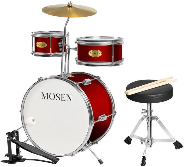 Main image of MOSEN 3-Piece 14 Inch Youth Drum Set with Throne, Cymbal, Sticks, Pedal | Bass & Tom & Snare, Adjustable Stool, Compact, for Beginners, Performance, Gift, Easy Setup, Creative Play, Red
