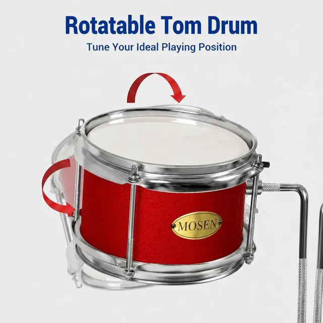 Alt view image 3 of 7 - MOSEN 3-Piece 14 Inch Youth Drum Set with Throne, Cymbal, Sticks, Pedal | Bass & Tom & Snare, Adjustable Stool, Compact, for Beginners, Performance, Gift, Easy Setup, Creative Play, Red