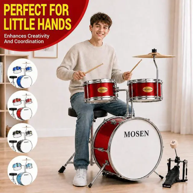Alt view image 5 of 7 - MOSEN 3-Piece 14 Inch Youth Drum Set with Throne, Cymbal, Sticks, Pedal | Bass & Tom & Snare, Adjustable Stool, Compact, for Beginners, Performance, Gift, Easy Setup, Creative Play, Red