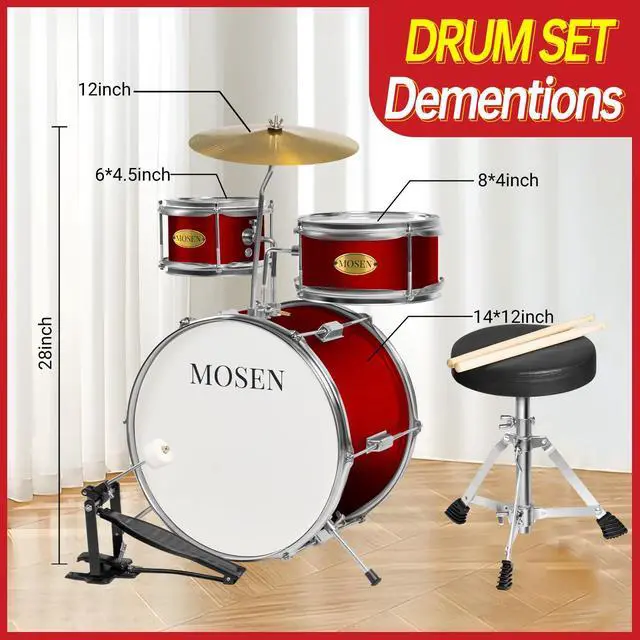 Alt view image 6 of 7 - MOSEN 3-Piece 14 Inch Youth Drum Set with Throne, Cymbal, Sticks, Pedal | Bass & Tom & Snare, Adjustable Stool, Compact, for Beginners, Performance, Gift, Easy Setup, Creative Play, Red