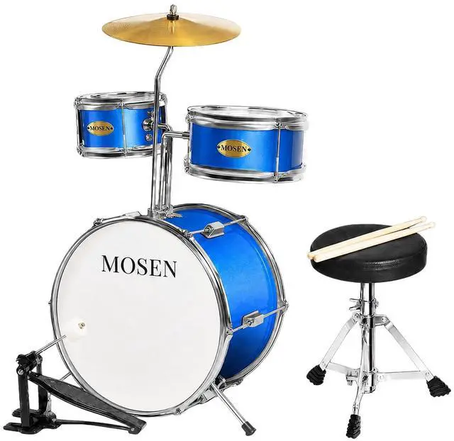 Main image of MOSEN 3 drums & 1 cymbal 14" Youth Drum Kit with Throne, Cymbal & Sticks | Blue Bass & Tom & Snare, Adjustable Stool, Pedal Sturdy Hardware, for Starters,Music Class, Home Practice, Gift, Blue