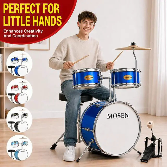Alt view image 2 of 7 - MOSEN 3 drums & 1 cymbal 14" Youth Drum Kit with Throne, Cymbal & Sticks | Blue Bass & Tom & Snare, Adjustable Stool, Pedal Sturdy Hardware, for Starters,Music Class, Home Practice, Gift, Blue