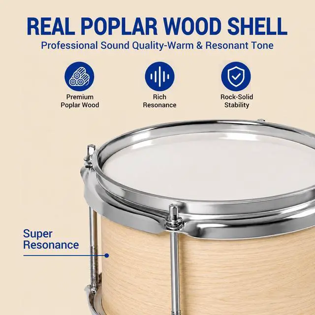 Alt view image 3 of 7 - MOSEN 3 drums & 1 cymbal 14" Youth Drum Kit with Throne, Cymbal & Sticks | Blue Bass & Tom & Snare, Adjustable Stool, Pedal Sturdy Hardware, for Starters,Music Class, Home Practice, Gift, Blue